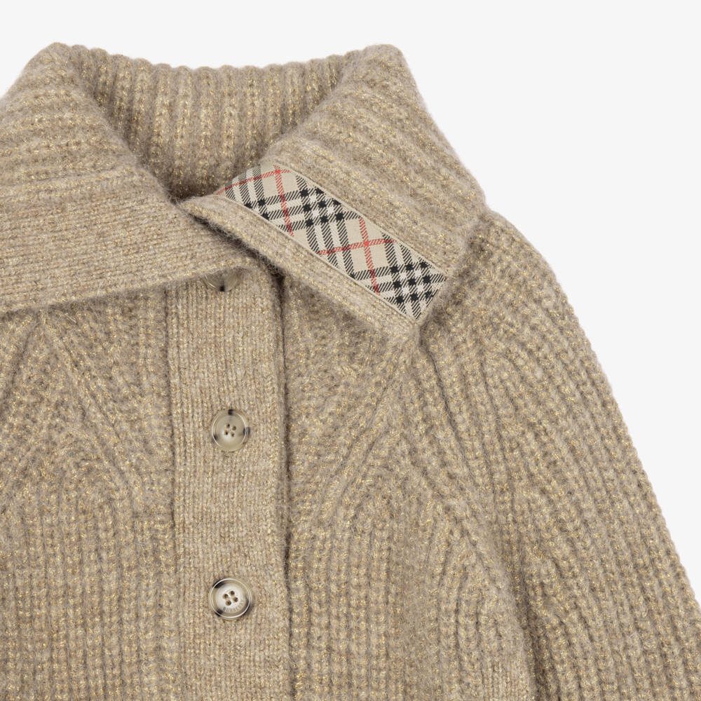 Burberry-Girls Glittery Gold Wool Blend Cardigan | Childrensalon