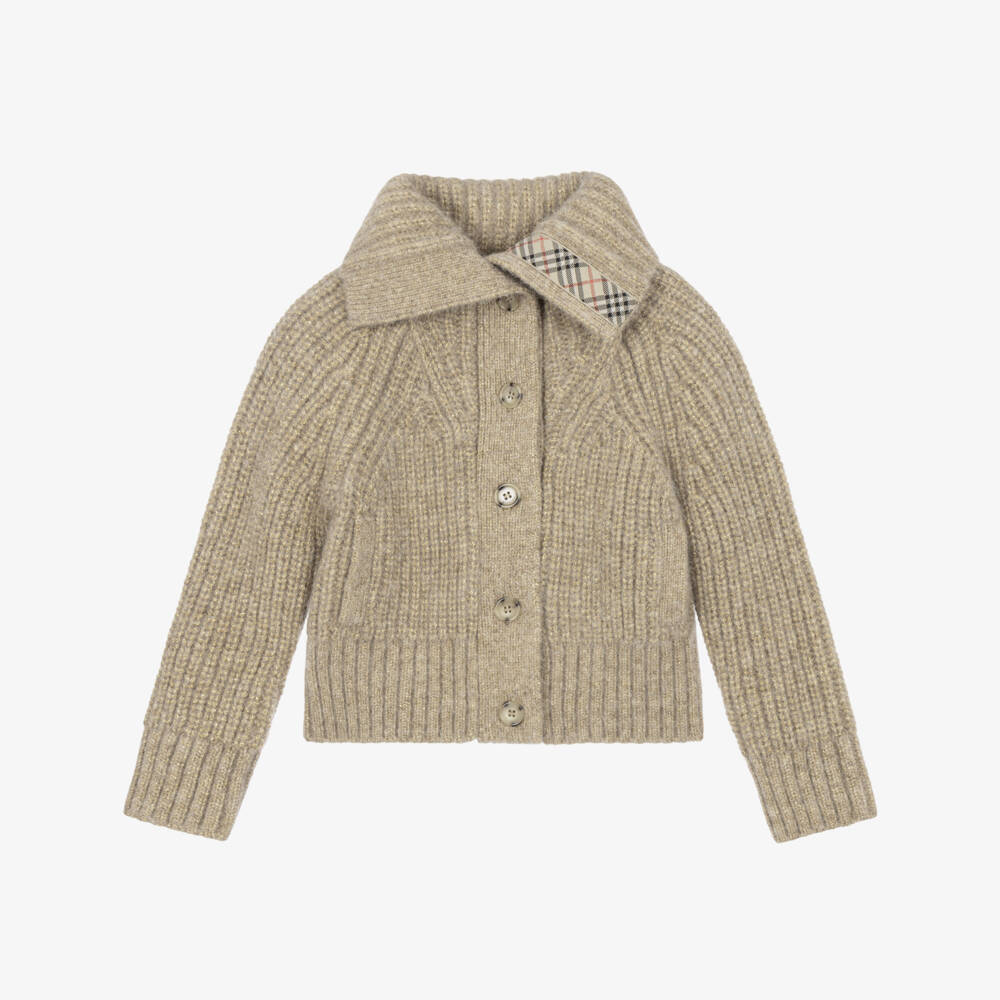 Burberry-Girls Glittery Gold Wool Blend Cardigan | Childrensalon
