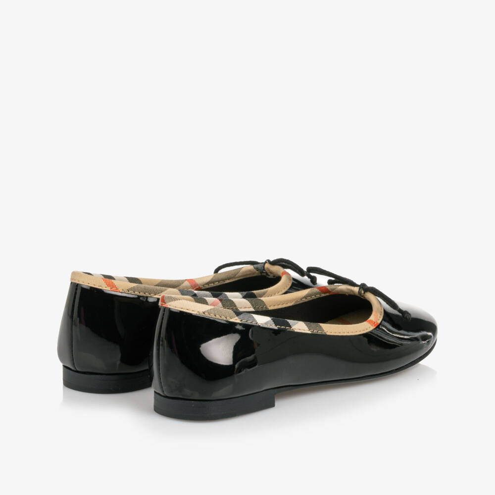 Burberry-Girls Glossy Black Ballet Flats with Check Trim | Childrensalon