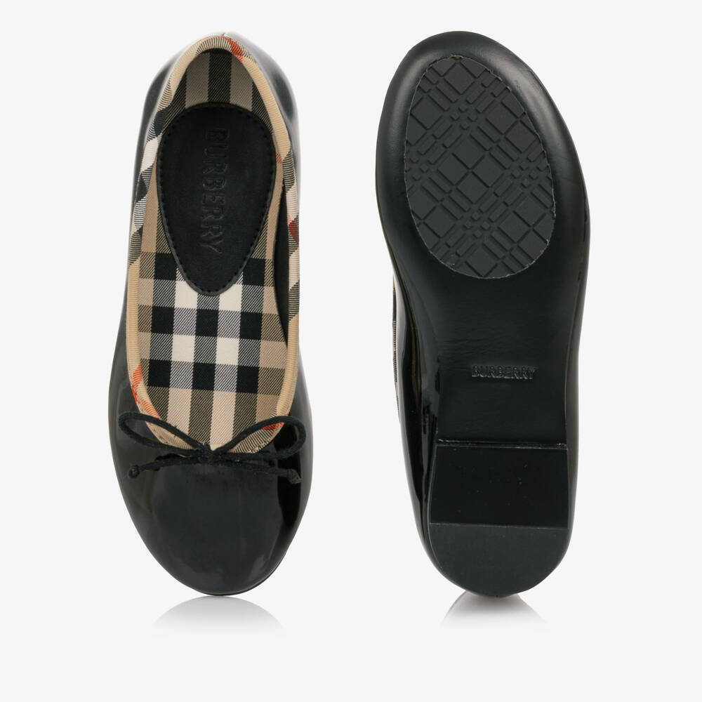 Burberry-Girls Glossy Black Ballet Flats with Check Trim | Childrensalon