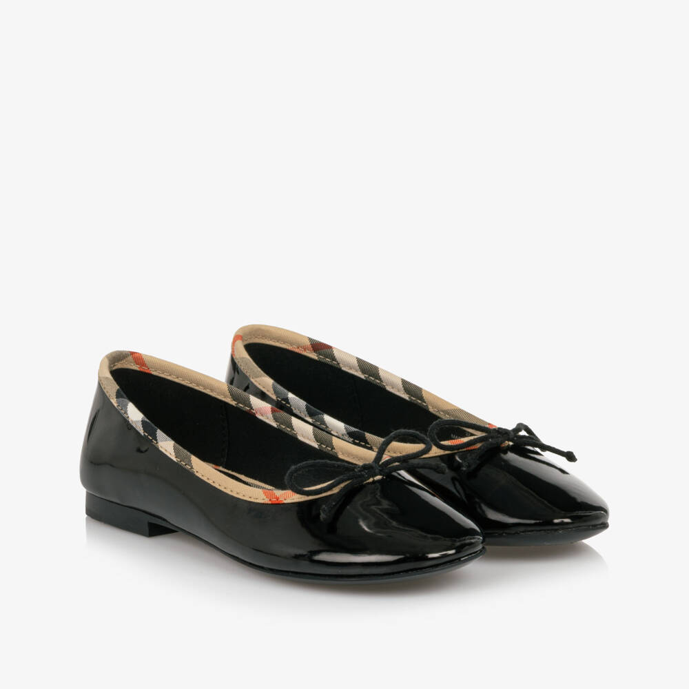 Burberry-Girls Glossy Black Ballet Flats with Check Trim | Childrensalon