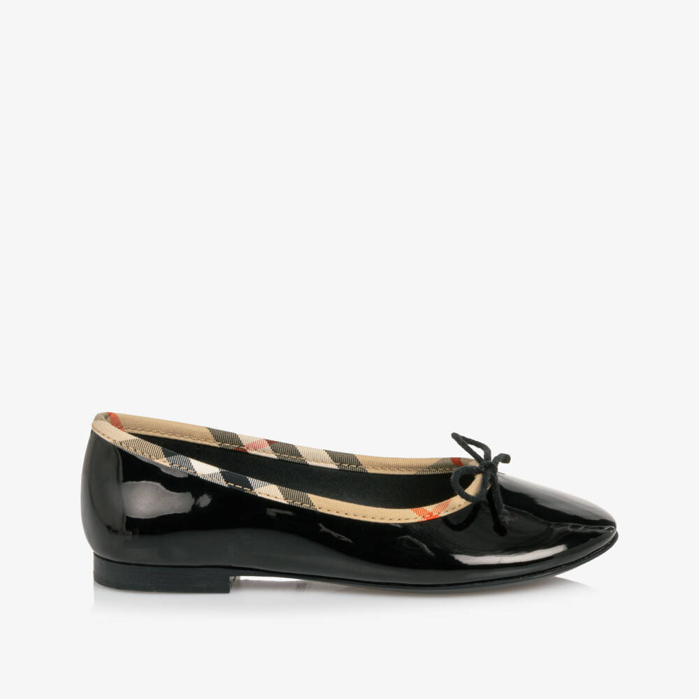 Burberry-Girls Glossy Black Ballet Flats with Check Trim | Childrensalon