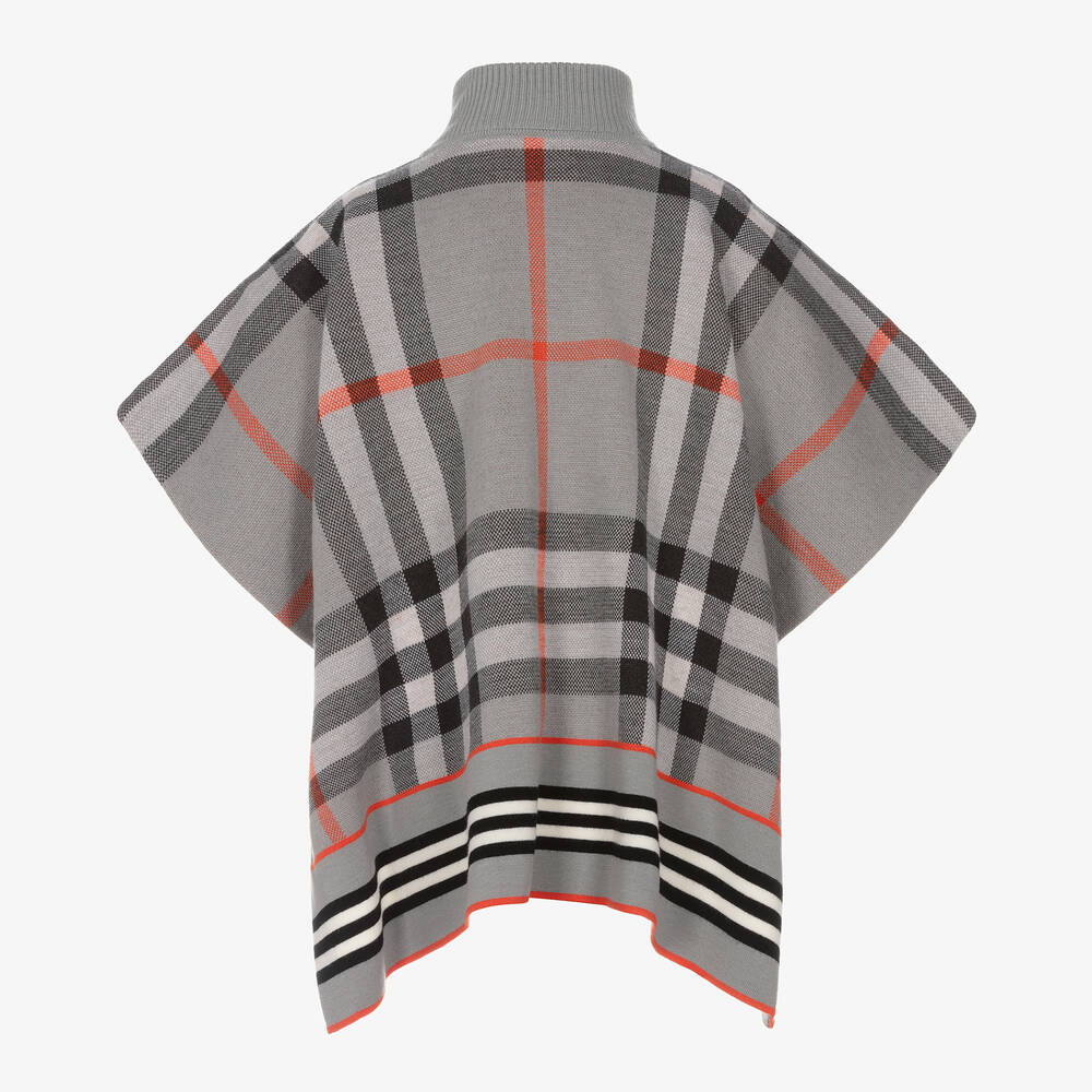 Burberry-Girls Grey Check Wool Cape | Childrensalon