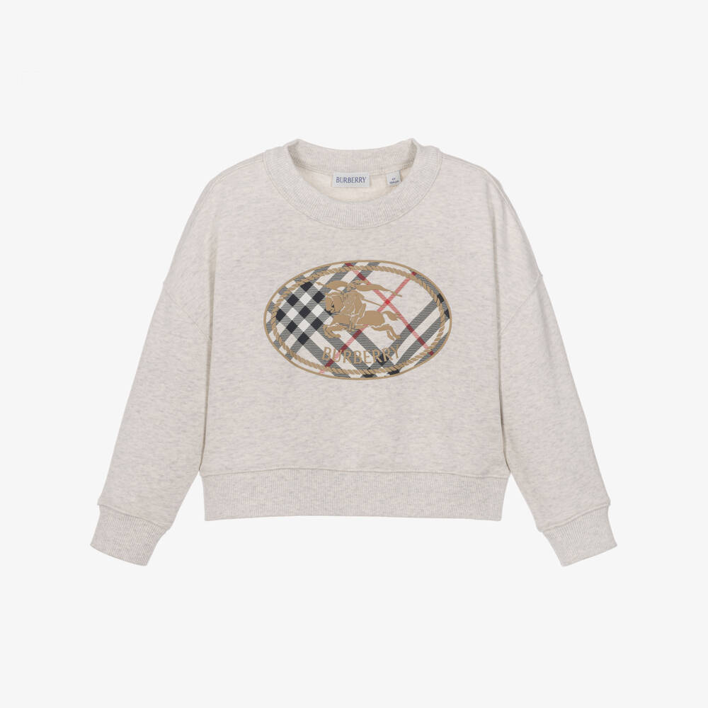 Burberry-Girls Grey Sweatshirt with Check Knight Stamp | Childrensalon
