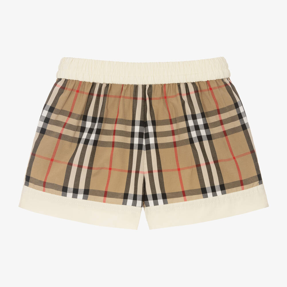 Burberry-Girls Ivory & Beige Checked Shorts | Childrensalon