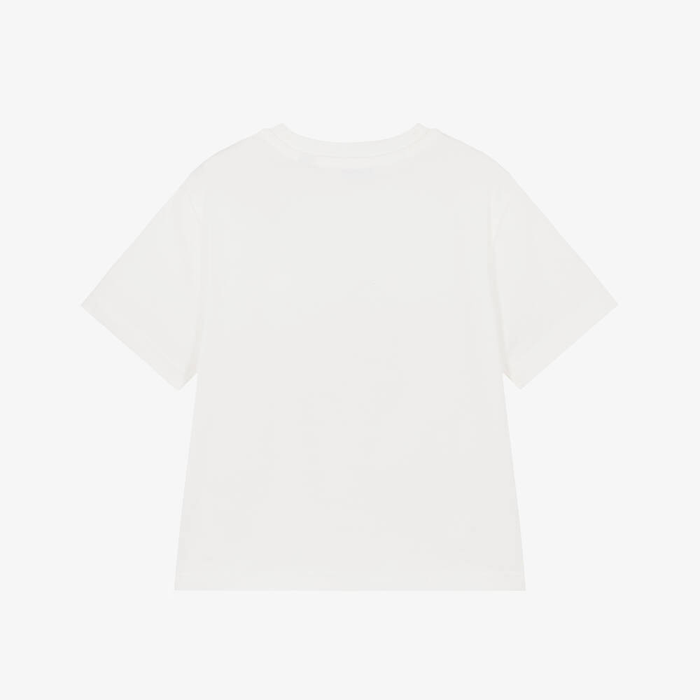 Burberry-Girls Ivory Cotton T-Shirt with Colourful EKD Logo | Childrensalon