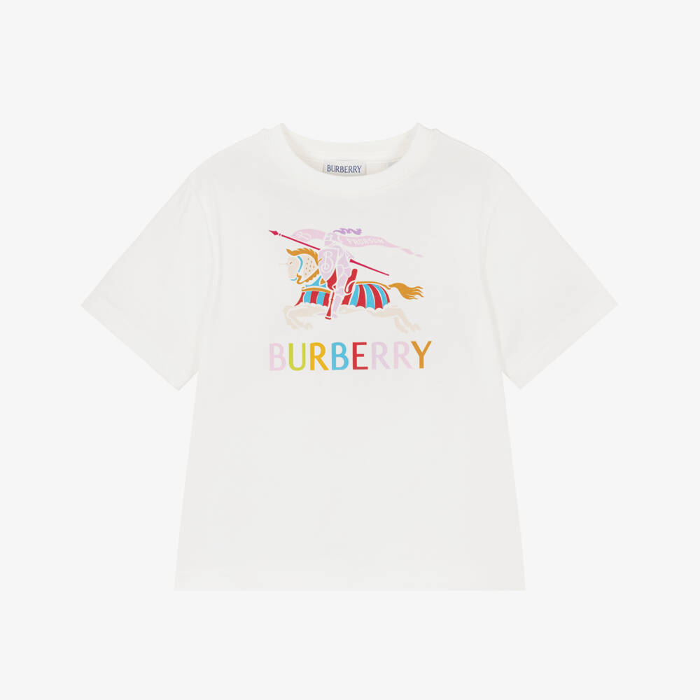 Burberry-Girls Ivory Cotton T-Shirt with Colourful EKD Logo | Childrensalon