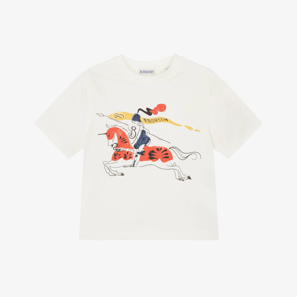 Burberry-Girls Ivory Cotton T-Shirt with Large Red & Blue EKD Logo | Childrensalon