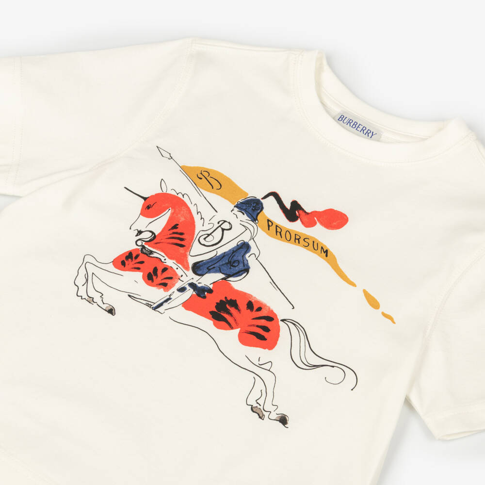 Burberry-Girls Ivory Cotton T-Shirt with Large Red & Blue EKD Logo | Childrensalon