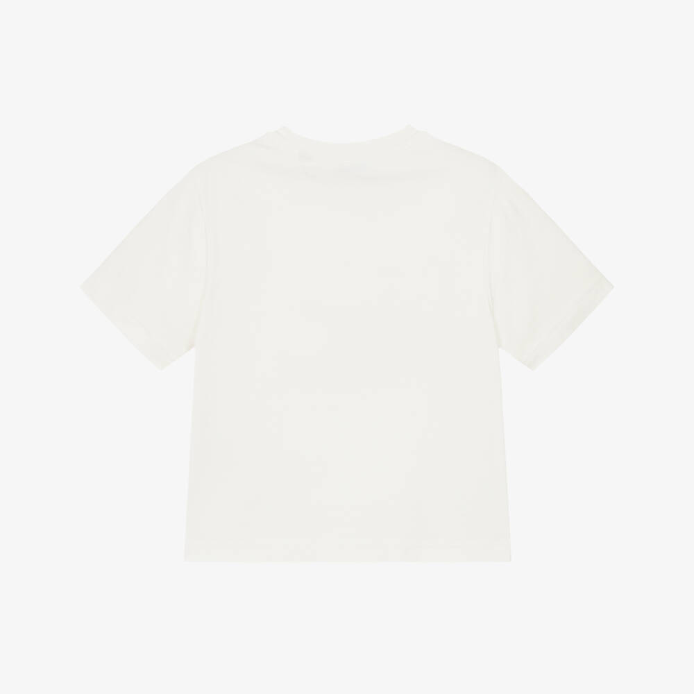 Burberry-Girls Ivory Cotton T-Shirt with Large Red & Blue EKD Logo | Childrensalon