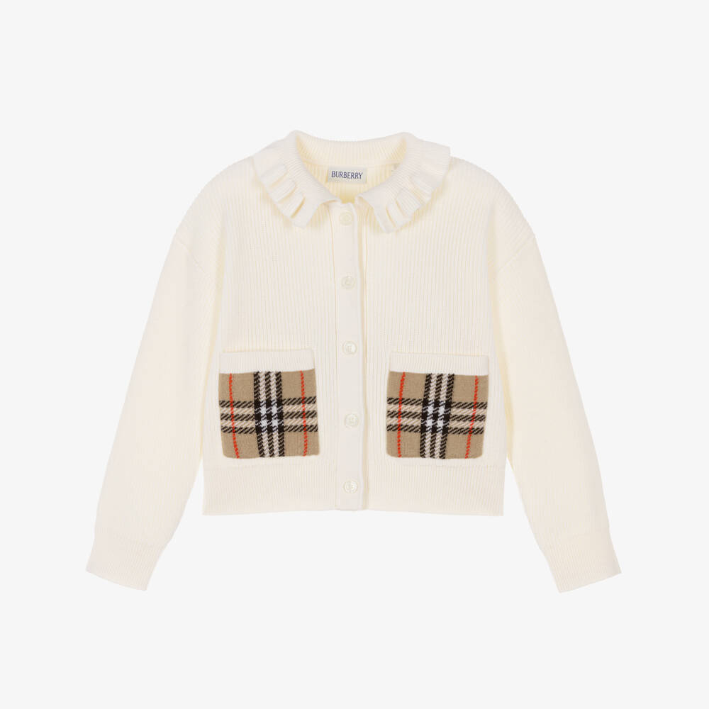 Burberry-Кардиган кремовый из хлопка и шерсти с клетчатыми карманами для девочек | Childrensalon