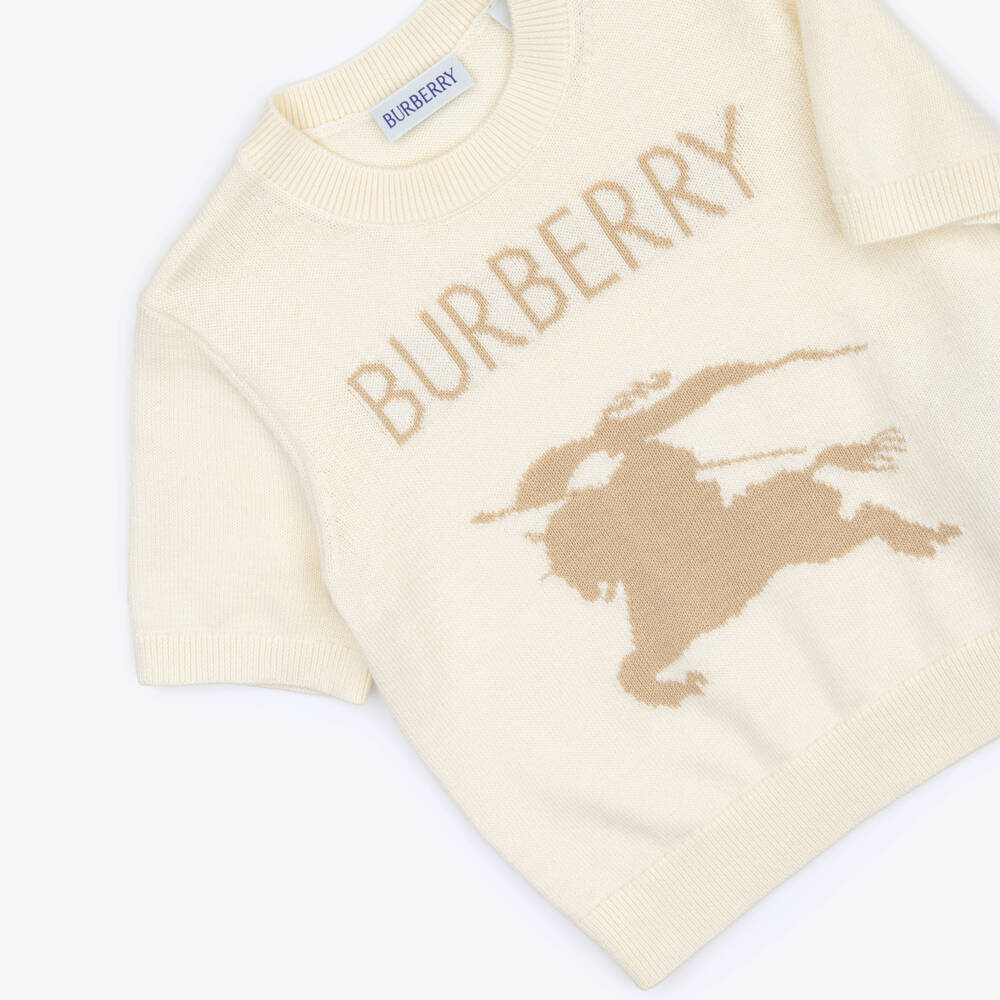 Burberry-Girls Ivory Cotton & Wool EKD Short-Sleeve Sweater | Childrensalon