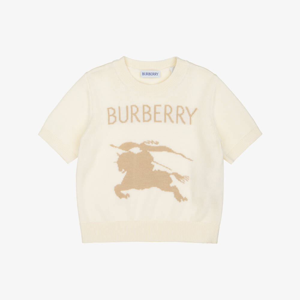Burberry-Girls Ivory Cotton & Wool EKD Short-Sleeve Sweater | Childrensalon