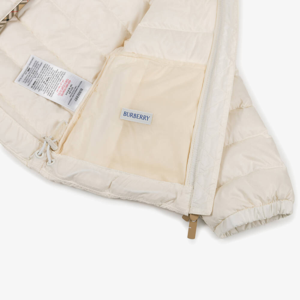 Burberry-Girls Ivory Down Padded Puffer Jacket with Beige Check Trims | Childrensalon