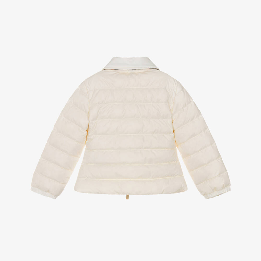 Burberry-Girls Ivory Down Padded Puffer Jacket with Beige Check Trims | Childrensalon