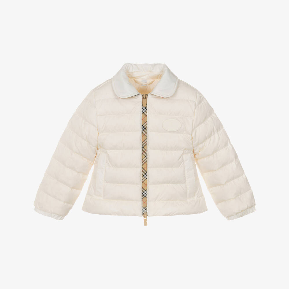 Burberry-Girls Ivory Down Padded Puffer Jacket with Beige Check Trims | Childrensalon