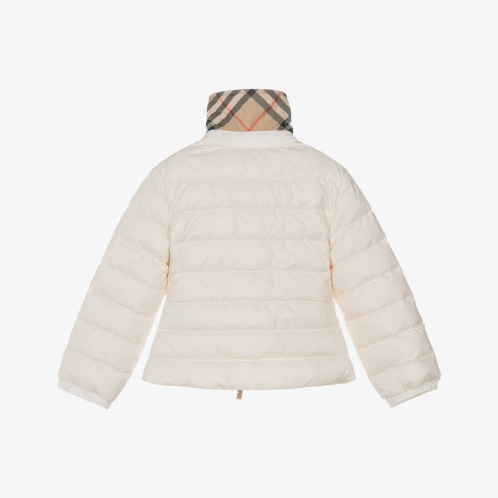 Burberry-Girls Ivory Down Padded Puffer Jacket with Beige Check Trims | Childrensalon