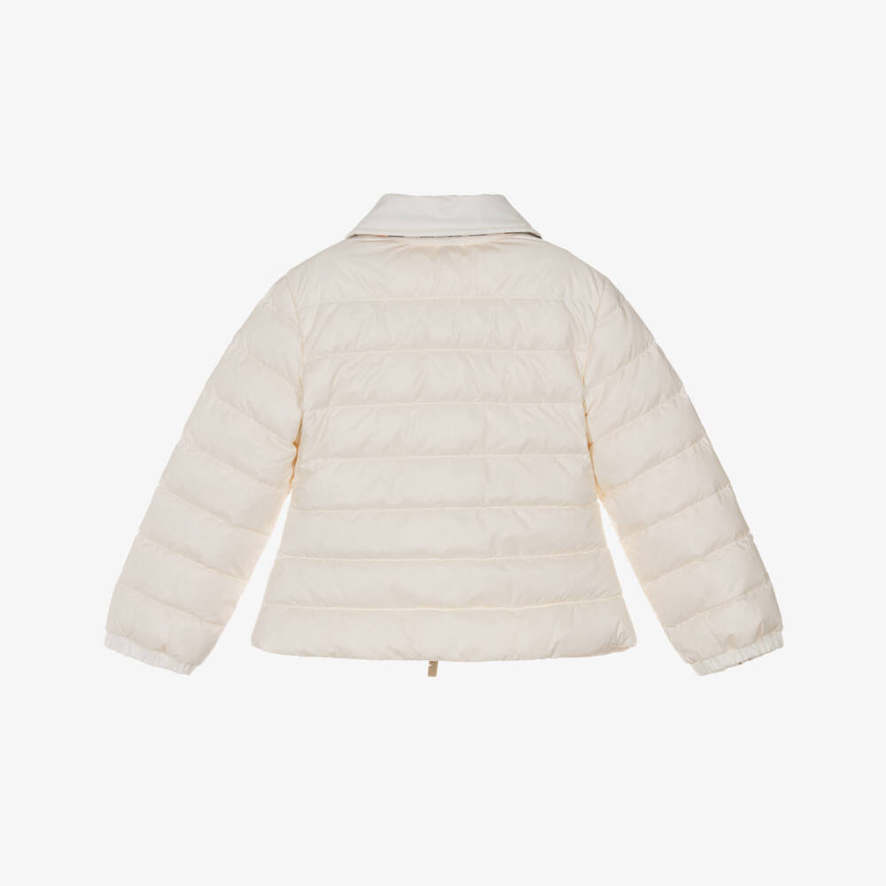 Burberry-Girls Ivory Down Padded Puffer Jacket with Beige Check Trims | Childrensalon