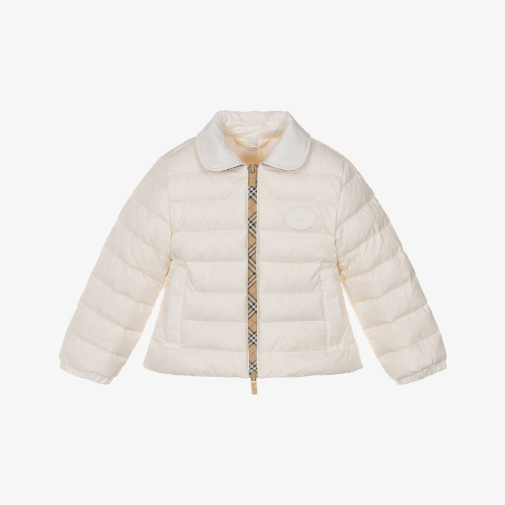 Burberry-Girls Ivory Down Padded Puffer Jacket with Beige Check Trims | Childrensalon