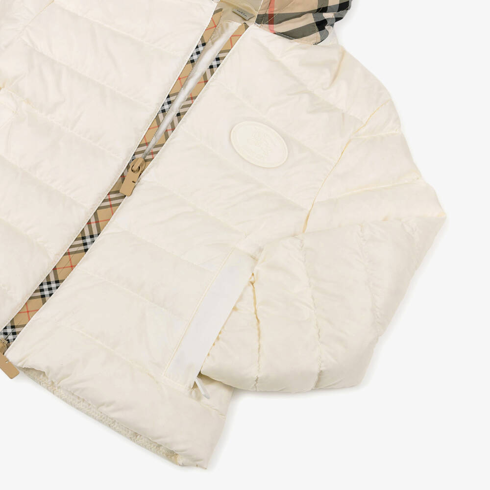 Burberry-Girls Ivory Down Padded Puffer Jacket with Beige Check Trims | Childrensalon