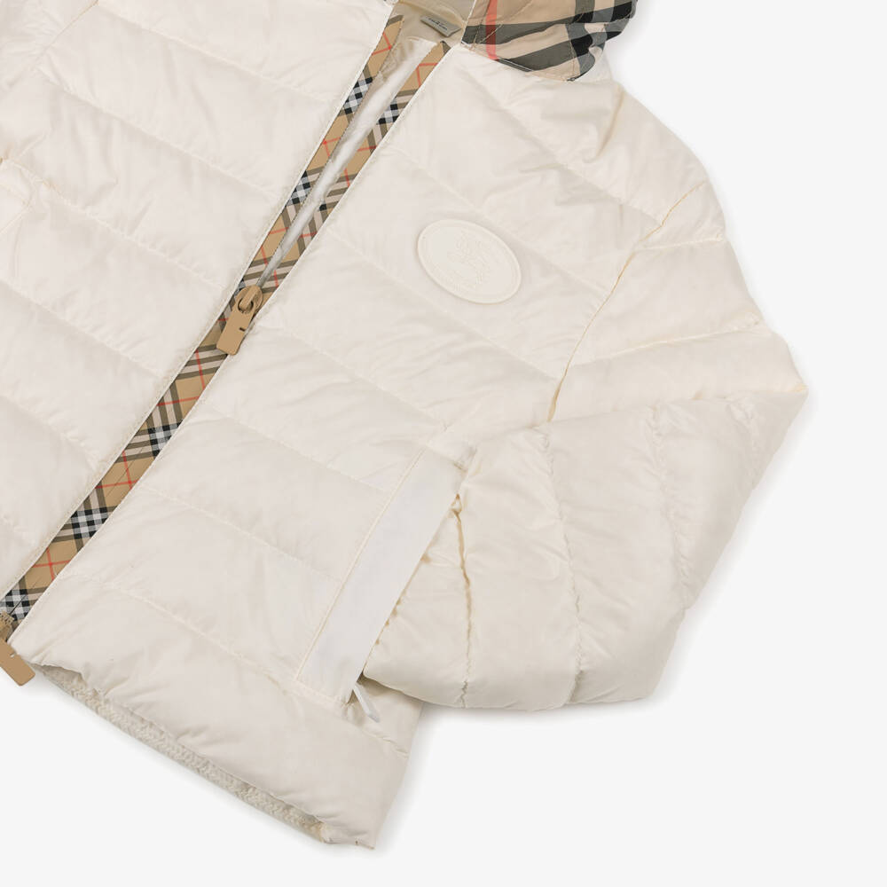 Burberry-Girls Ivory Down Padded Puffer Jacket with Beige Check Trims | Childrensalon
