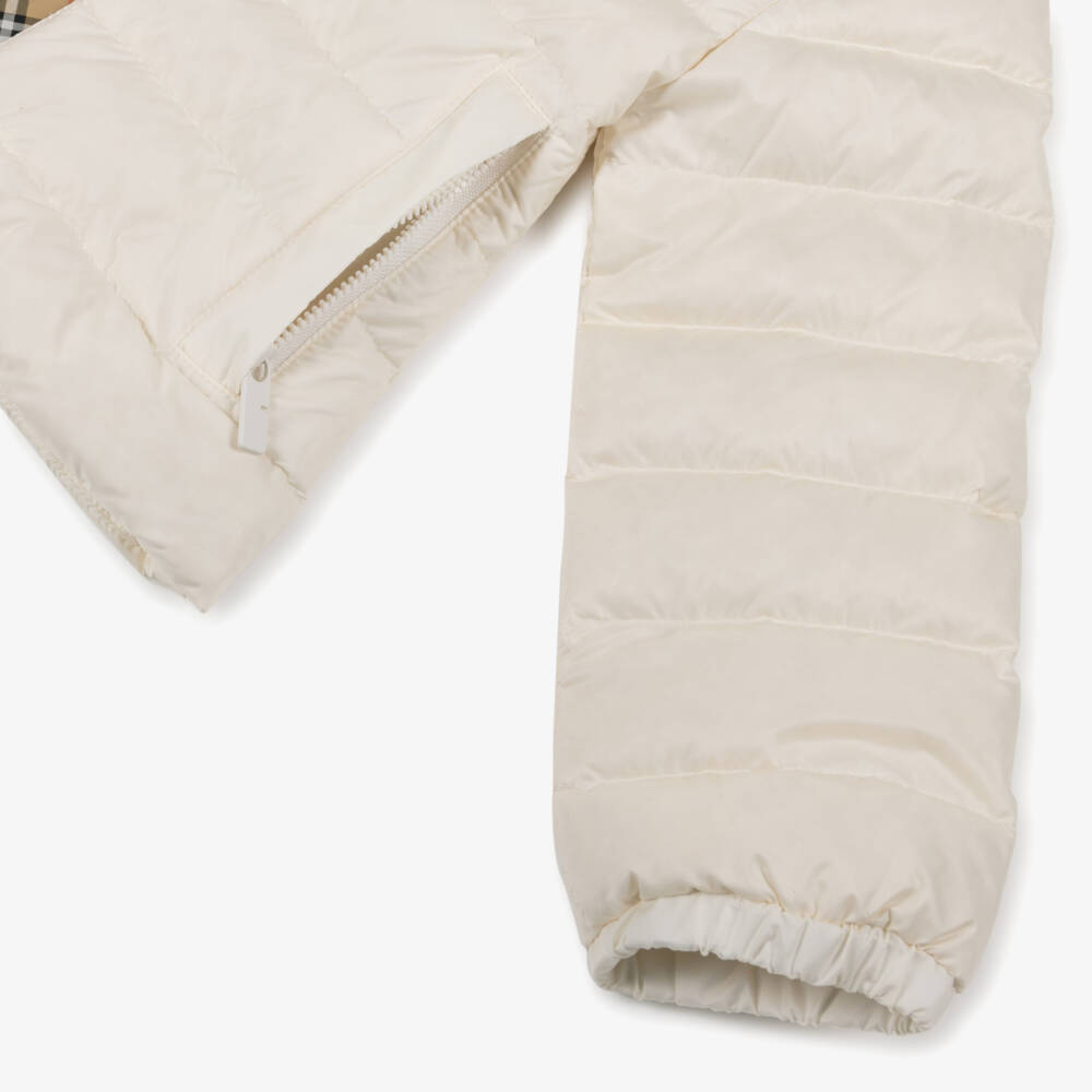 Burberry-Girls Ivory Down Padded Puffer Jacket with Beige Check Trims | Childrensalon