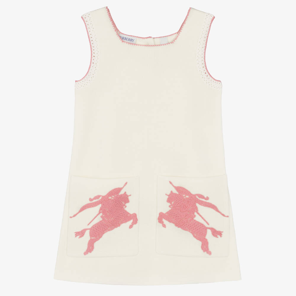 Burberry-فستان قطن محبوك لون عاجي وزهري للبنات | Childrensalon