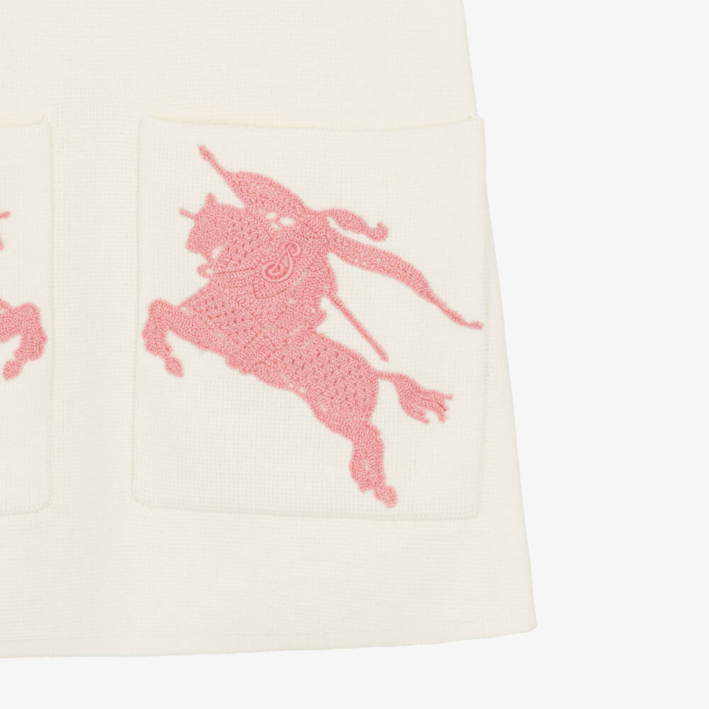 Burberry-فستان قطن محبوك لون عاجي وزهري للبنات | Childrensalon