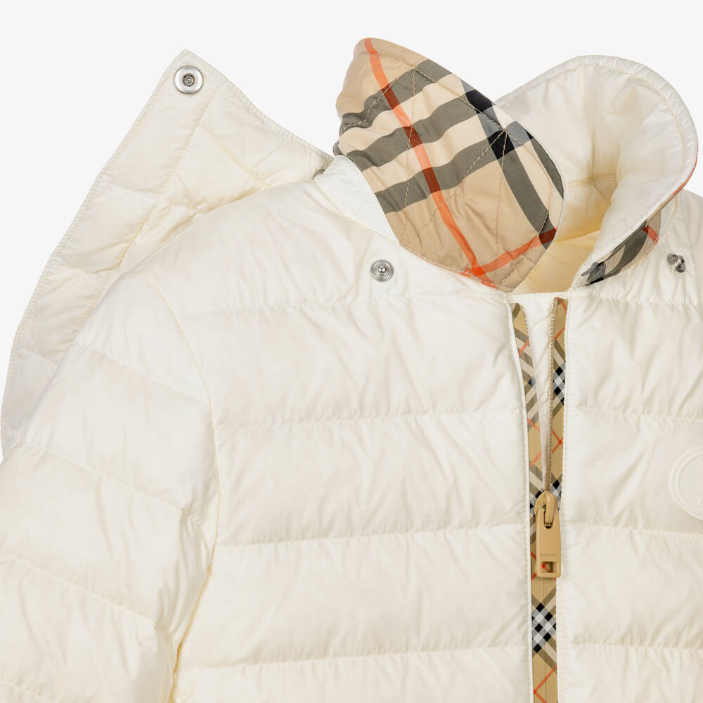 Burberry-Girls Ivory Puffer Coat with Beige Check Zip | Childrensalon