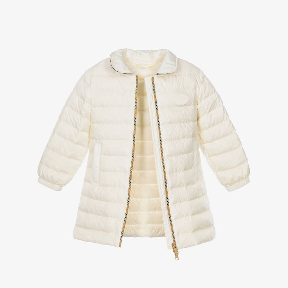 Burberry-Girls Ivory Puffer Coat with Beige Check Zip | Childrensalon