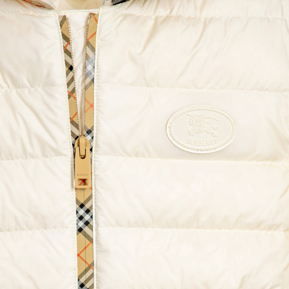 Burberry-Girls Ivory Puffer Coat with Beige Check Zip | Childrensalon