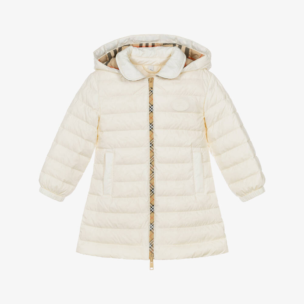 Burberry-Girls Ivory Puffer Coat with Beige Check Zip | Childrensalon