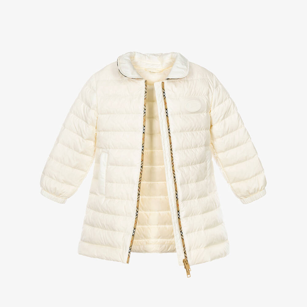 Burberry-Girls Ivory Puffer Coat with Beige Check Zip | Childrensalon