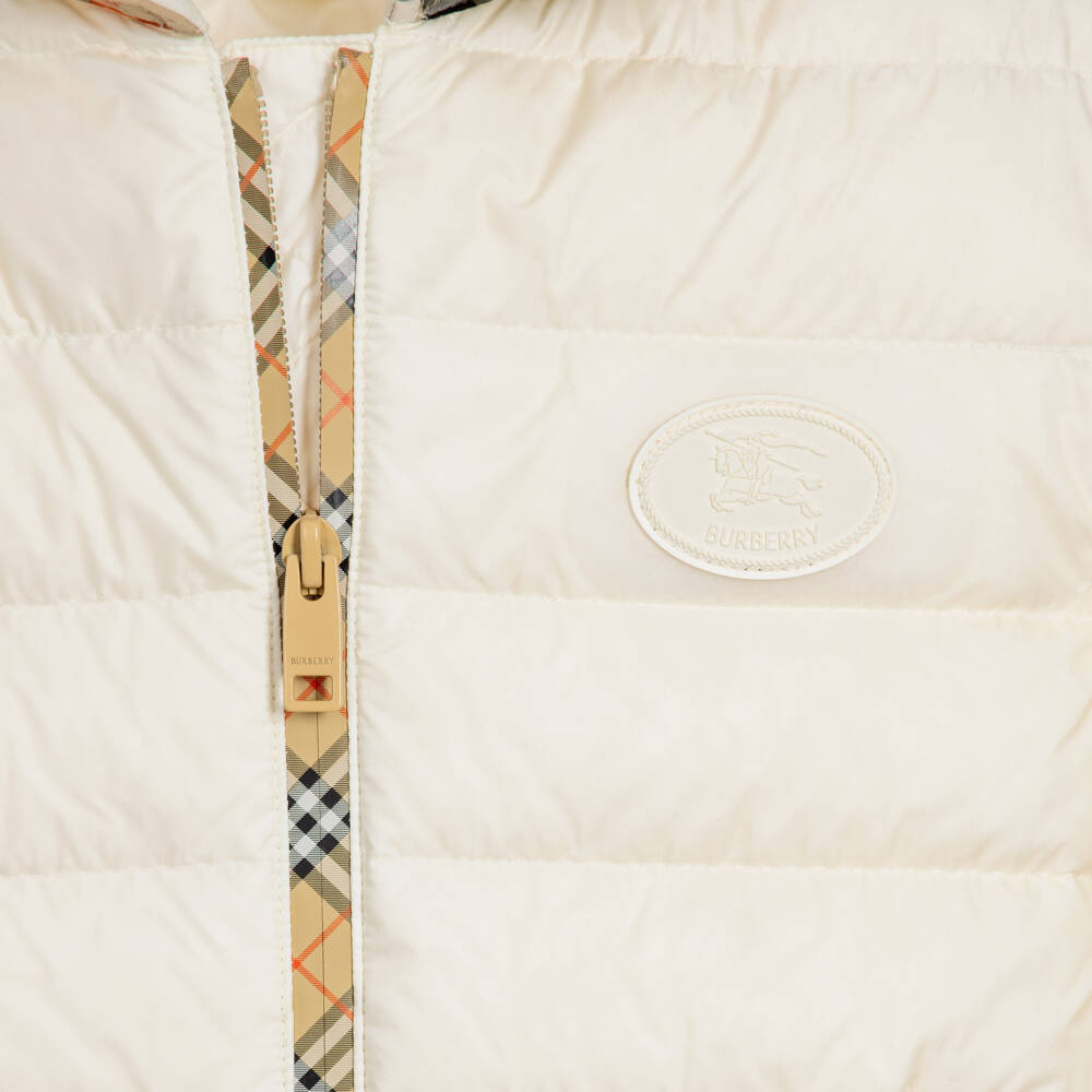 Burberry-Girls Ivory Puffer Coat with Beige Check Zip | Childrensalon