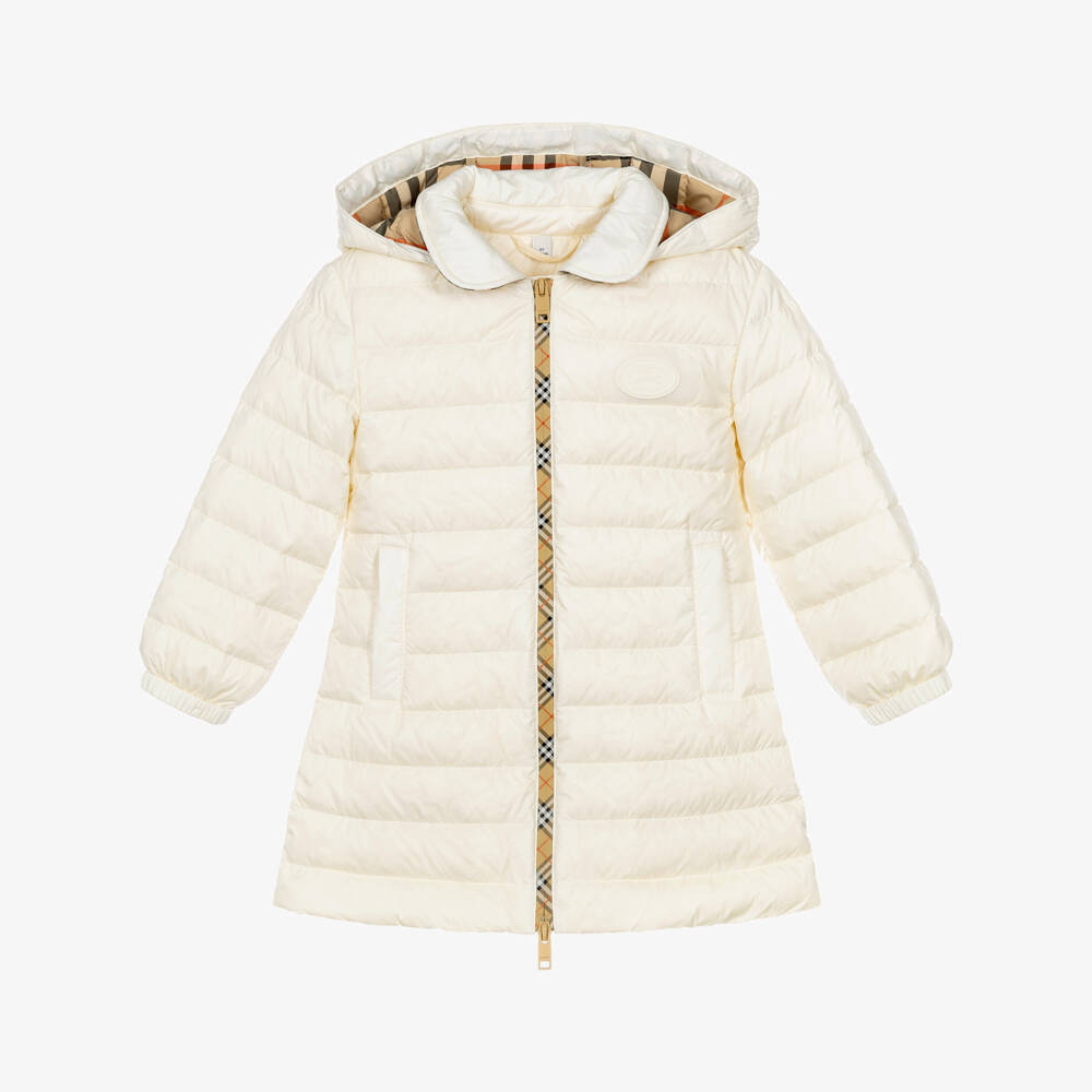 Burberry-Girls Ivory Puffer Coat with Beige Check Zip | Childrensalon