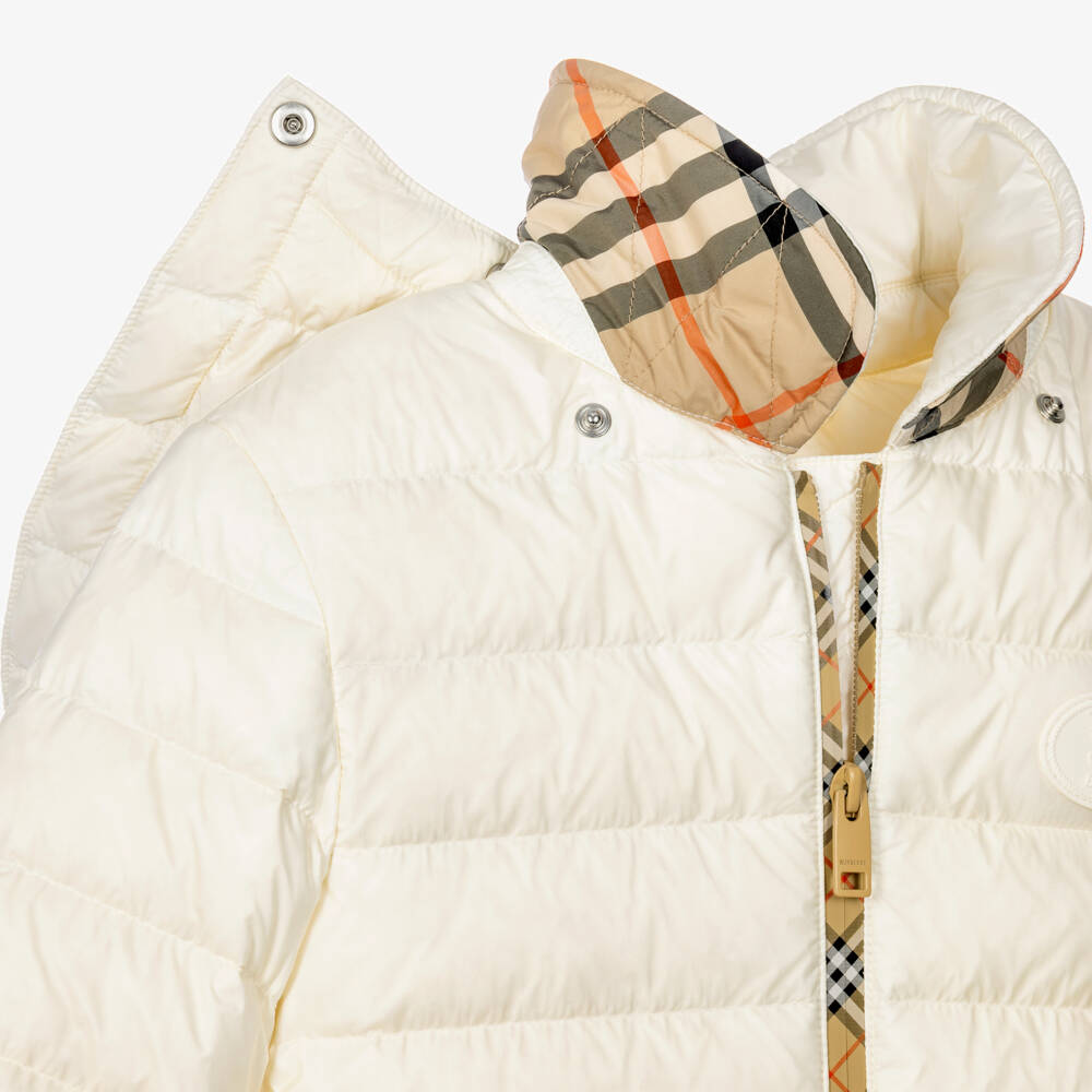 Burberry-Girls Ivory Puffer Coat with Beige Check Zip | Childrensalon