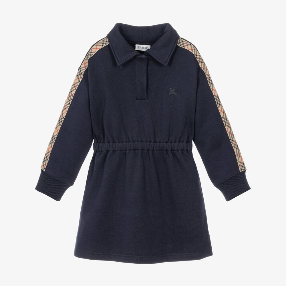 Burberry-Girls Navy Blue Polo Dress with Burberry Check Trim | Childrensalon