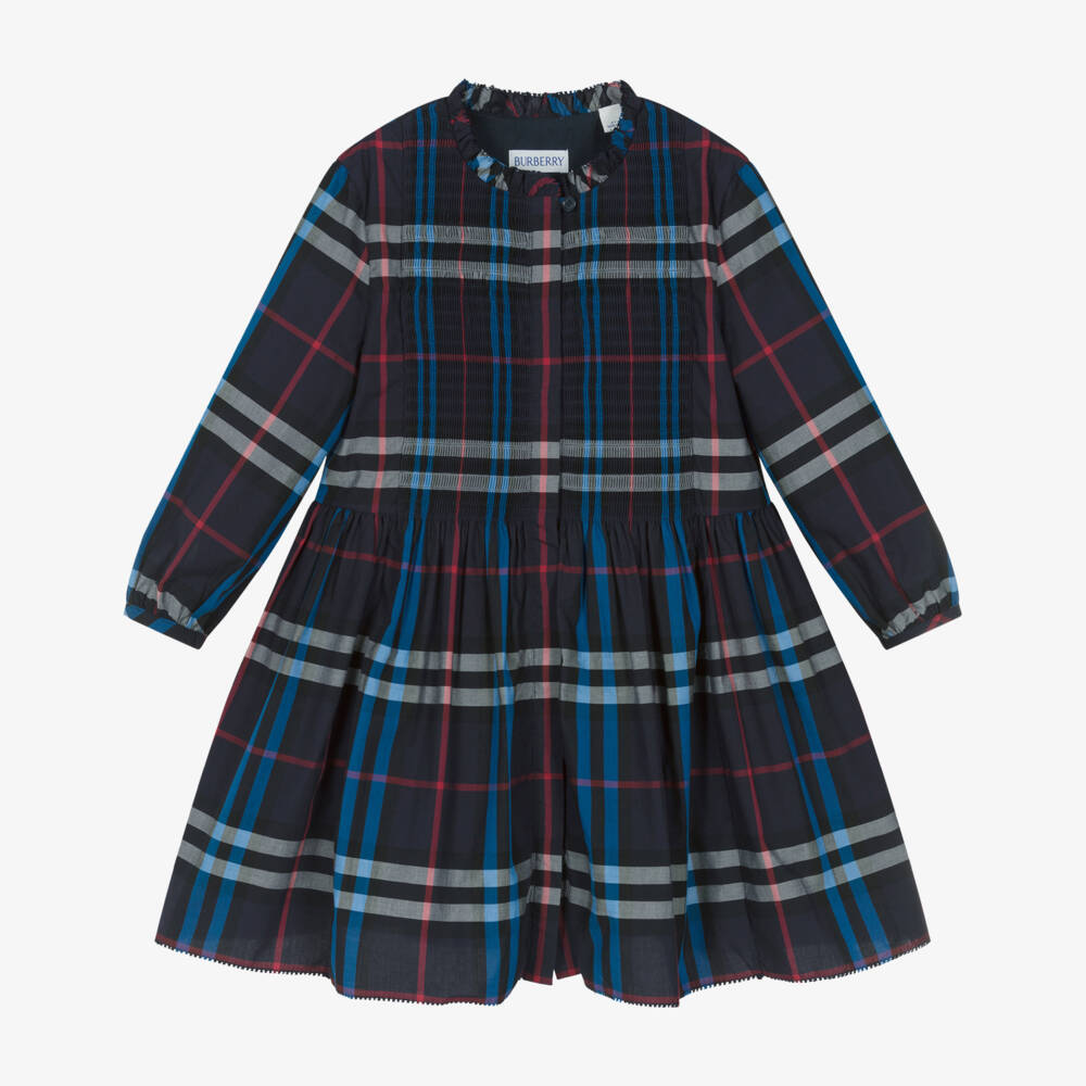 Burberry-Girls Navy Blue & Red Check Cotton Dress with Shirring | Childrensalon