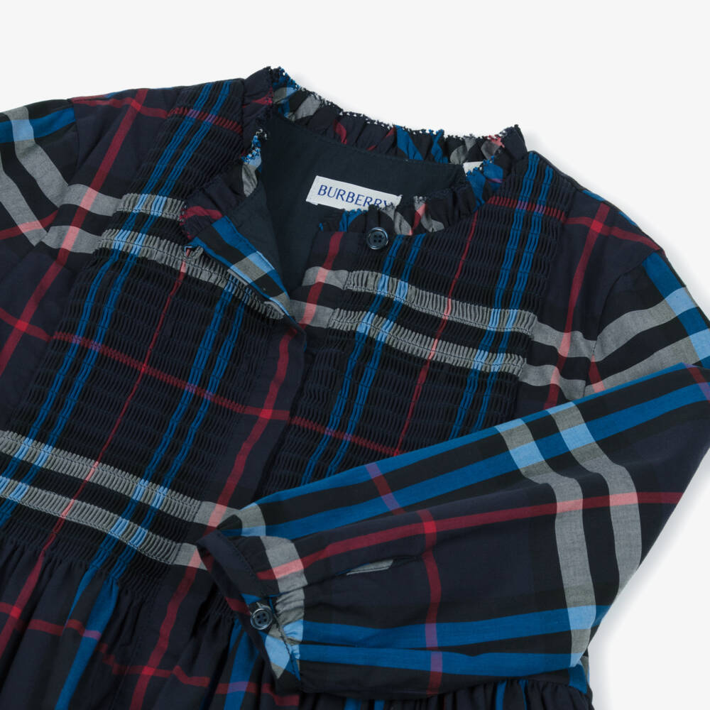 Burberry-Girls Navy Blue & Red Check Cotton Dress with Shirring | Childrensalon