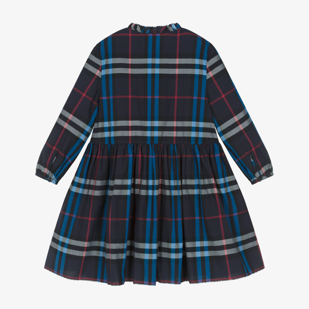 Burberry-Girls Navy Blue & Red Check Cotton Dress with Shirring | Childrensalon