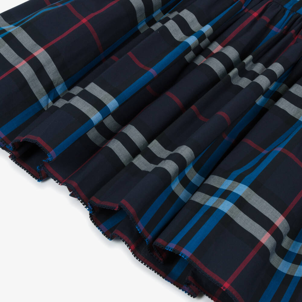 Burberry-Girls Navy Blue & Red Check Cotton Dress with Shirring | Childrensalon
