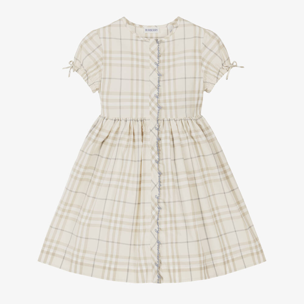 Burberry-Girls Pale Beige Check Cotton Shirt Dress | Childrensalon