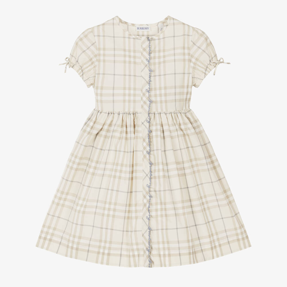 Burberry-Girls Pale Beige Check Cotton Shirt Dress | Childrensalon