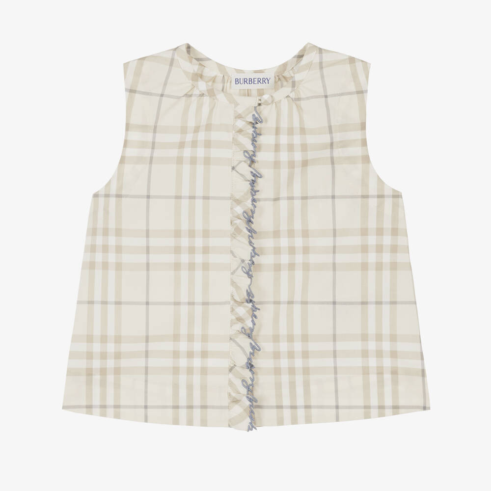 Burberry-Girls Pale Beige Check Cotton Sleeveless Blouse | Childrensalon
