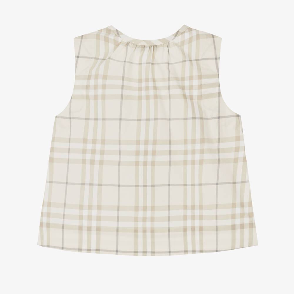 Burberry-Girls Pale Beige Check Cotton Sleeveless Blouse | Childrensalon