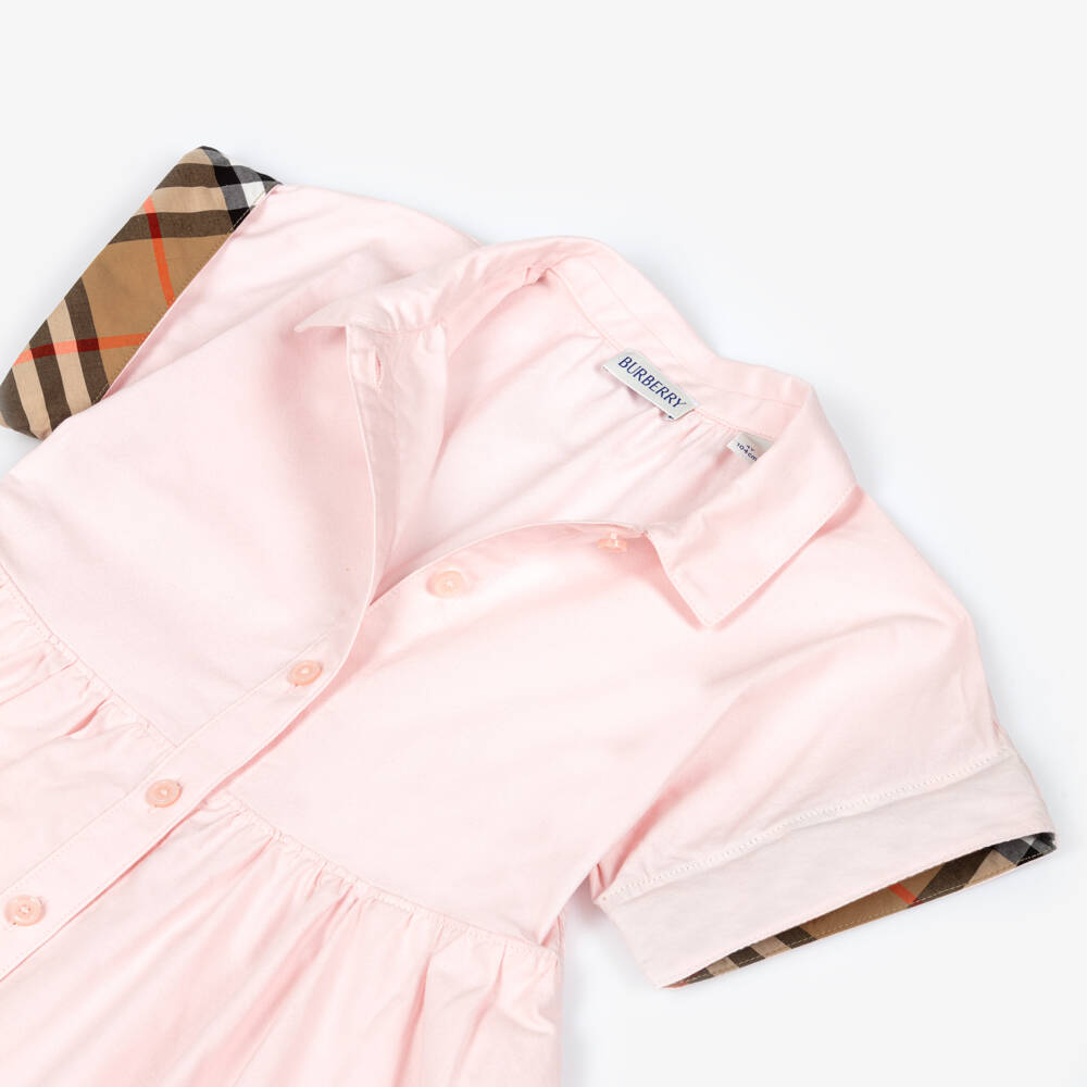 Burberry-Girls Pale Pink Cotton Dress with Burberry Check Trims | Childrensalon