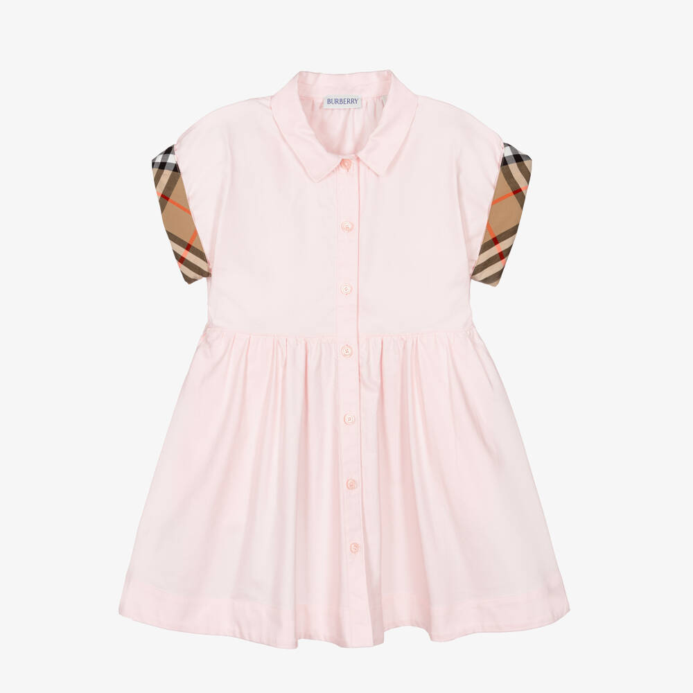 Burberry-Girls Pale Pink Cotton Dress with Burberry Check Trims | Childrensalon