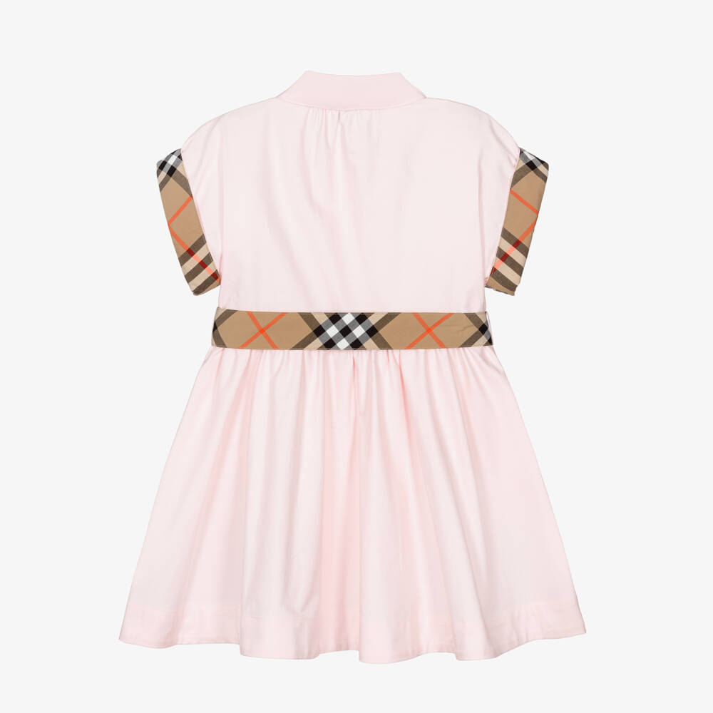 Burberry-Girls Pale Pink Cotton Dress with Burberry Check Trims | Childrensalon
