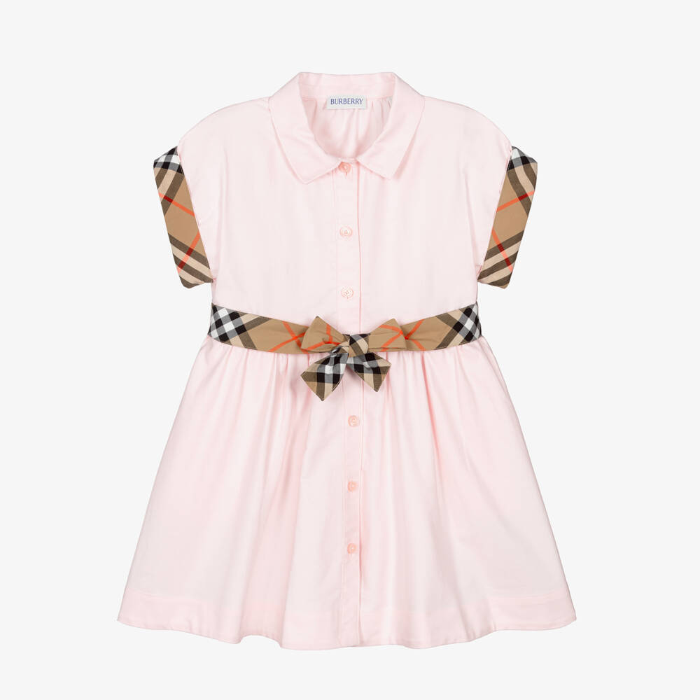 Burberry-Girls Pale Pink Cotton Dress with Burberry Check Trims | Childrensalon