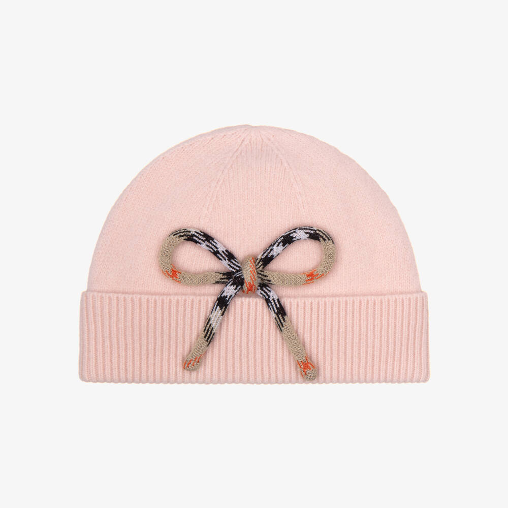 Burberry-Girls Pink Check Bow Wool Cashmere Beanie | Childrensalon